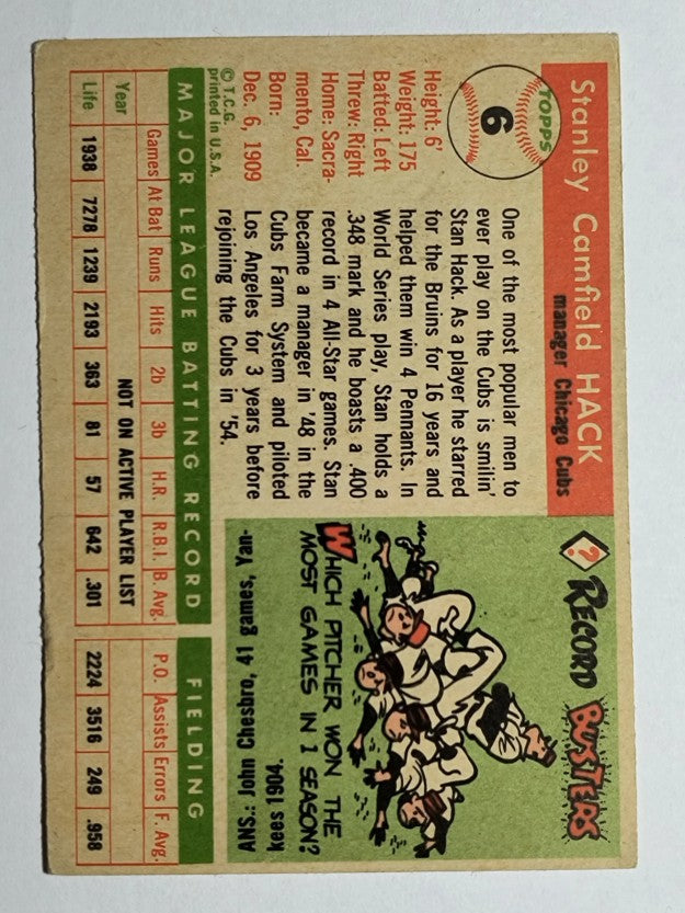 1955 Topps #6 Stan Hack MG RC (VG)