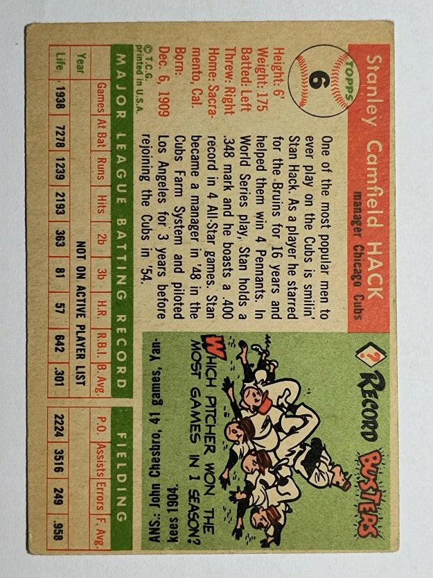 1955 Topps #6 Stan Hack MG RC (VGEX)