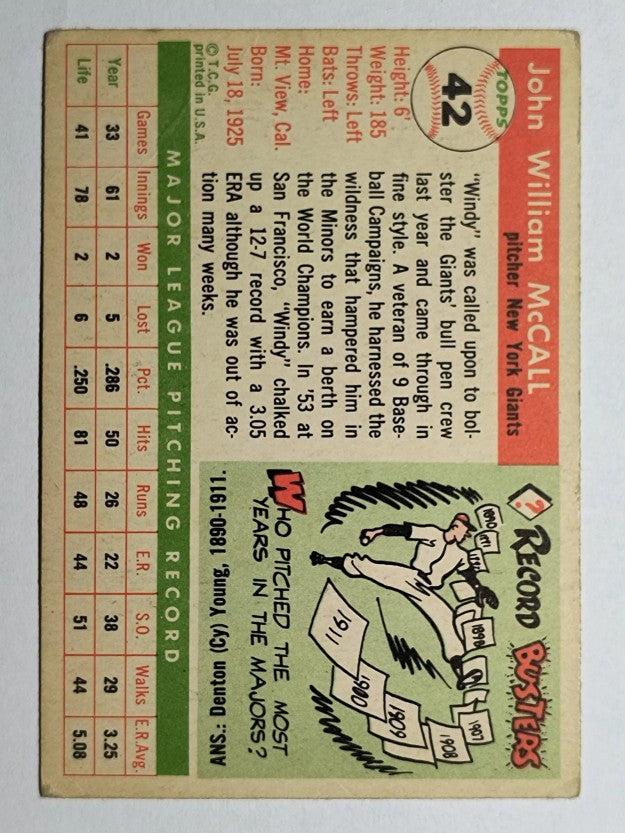 1955 Topps #42 John Windy McCall RC (VGEX)