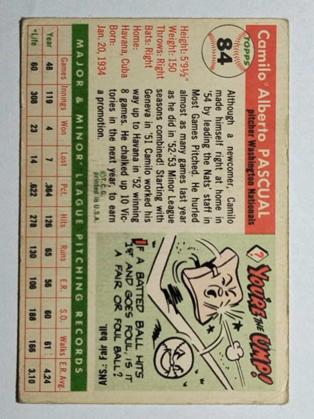 1955 Topps #84 Camilo Pascual RC (VG)