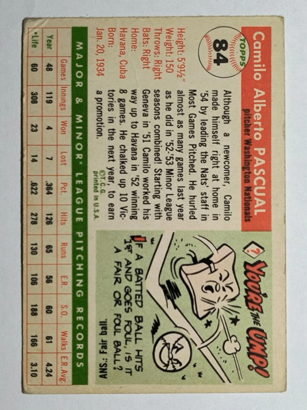 1955 Topps #84 Camilo Pascual RC (VG)
