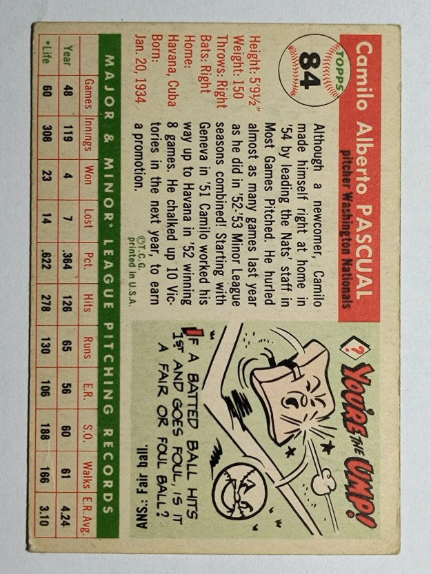 1955 Topps #84 Camilo Pascual RC (VG)