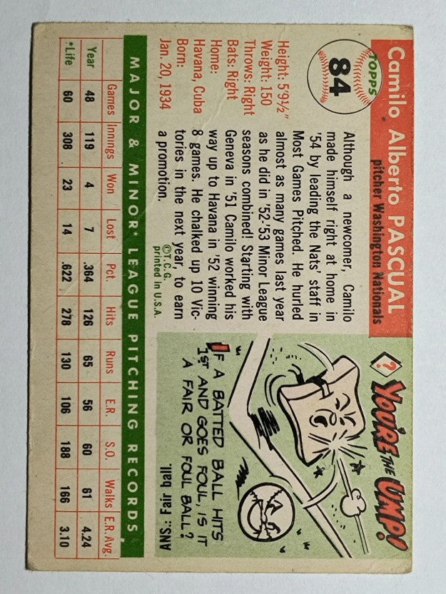 1955 Topps #84 Camilo Pascual RC (VG)