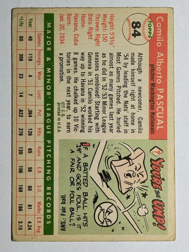 1955 Topps #84 Camilo Pascual RC (VG)