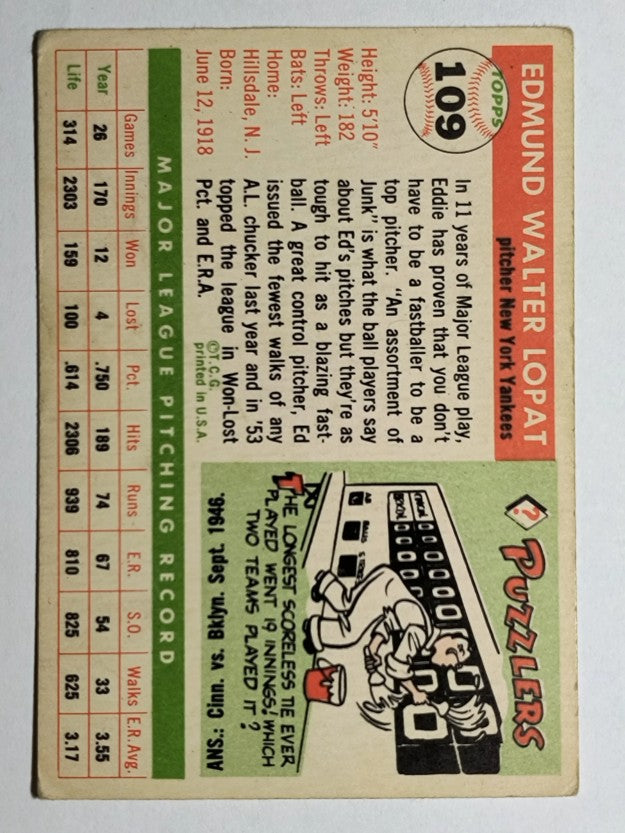 1955 Topps #109 Ed Lopat (VGEX)