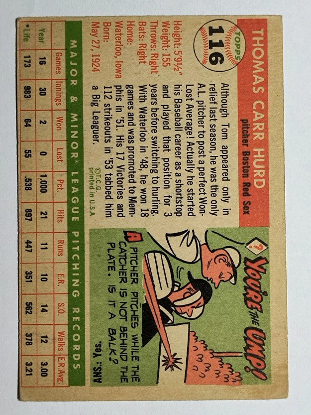 1955 Topps #116 Tom Hurd RC (VGEX)