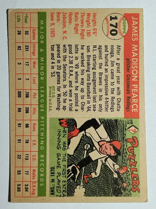 1955 Topps #170 Jim Pearce RC (VGEX)