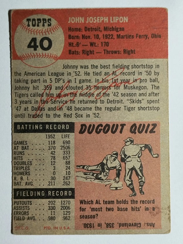 1953 Topps #40 John Lipon (VGEX)