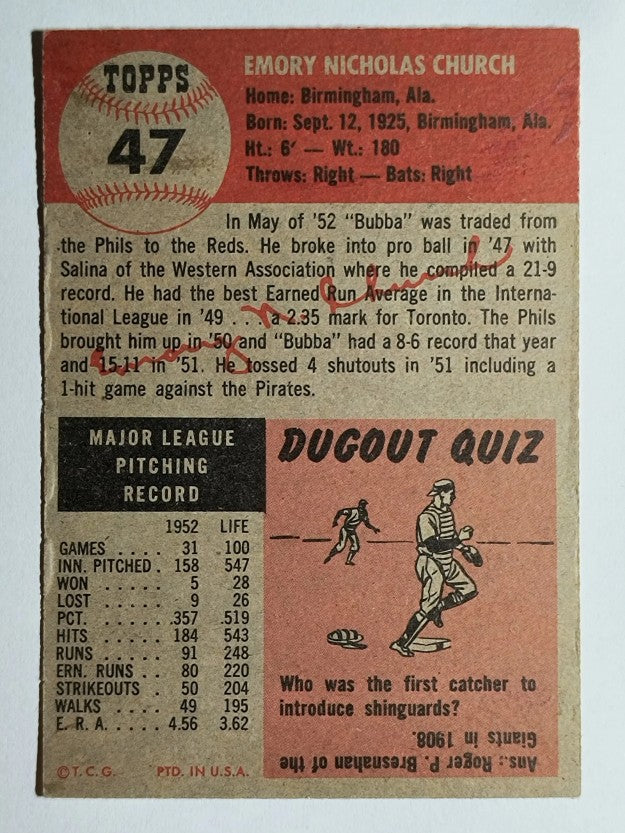 1953 Topps #47 Bubba Church (VGEX)
