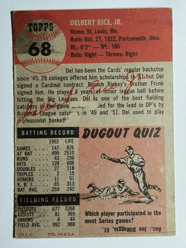 1953 Topps #68 Del Rice (VGEX)