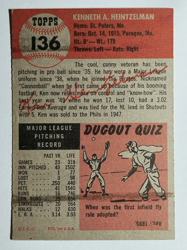 1953 Topps #136 Ken Heintzelman (EX)
