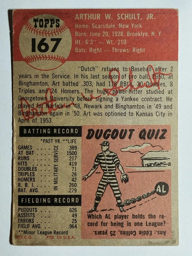 1953 Topps #167 Art Schult RC (EX)