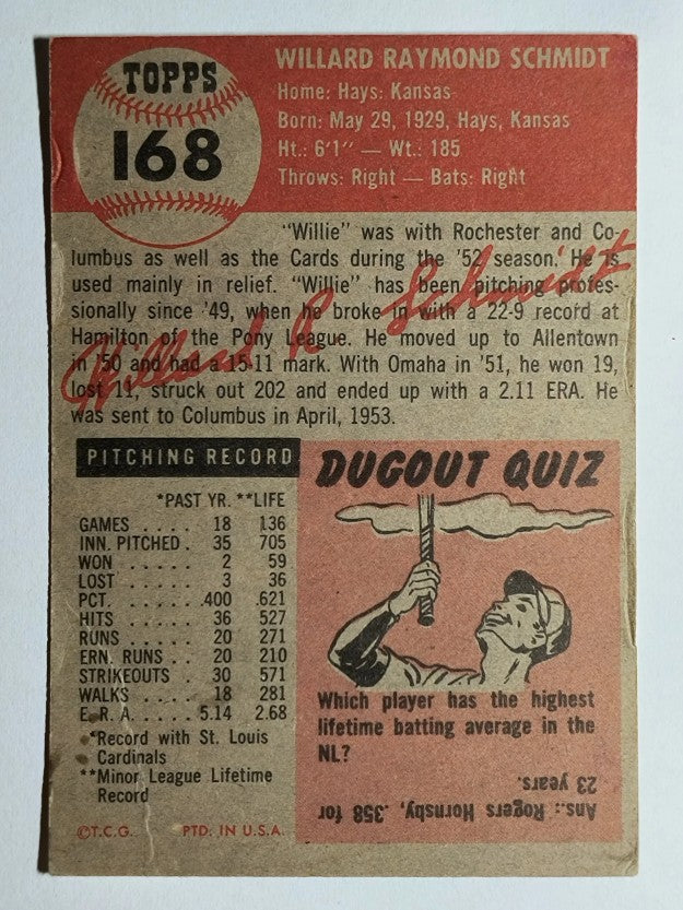 1953 Topps #168 Willard Schmidt RC (VG)