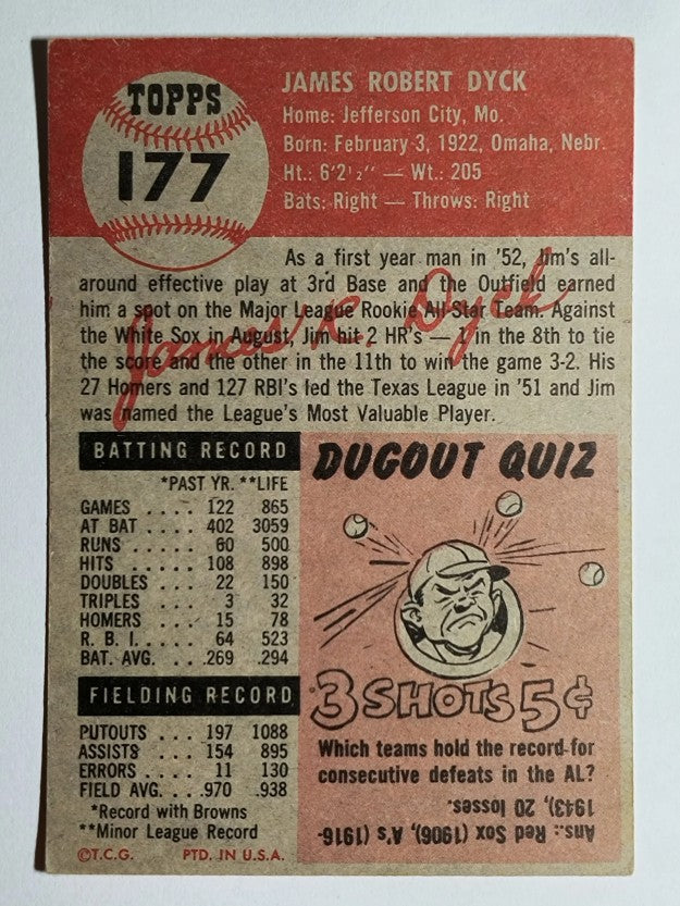 1953 Topps #177 Jim Dyck RC (EXMT)