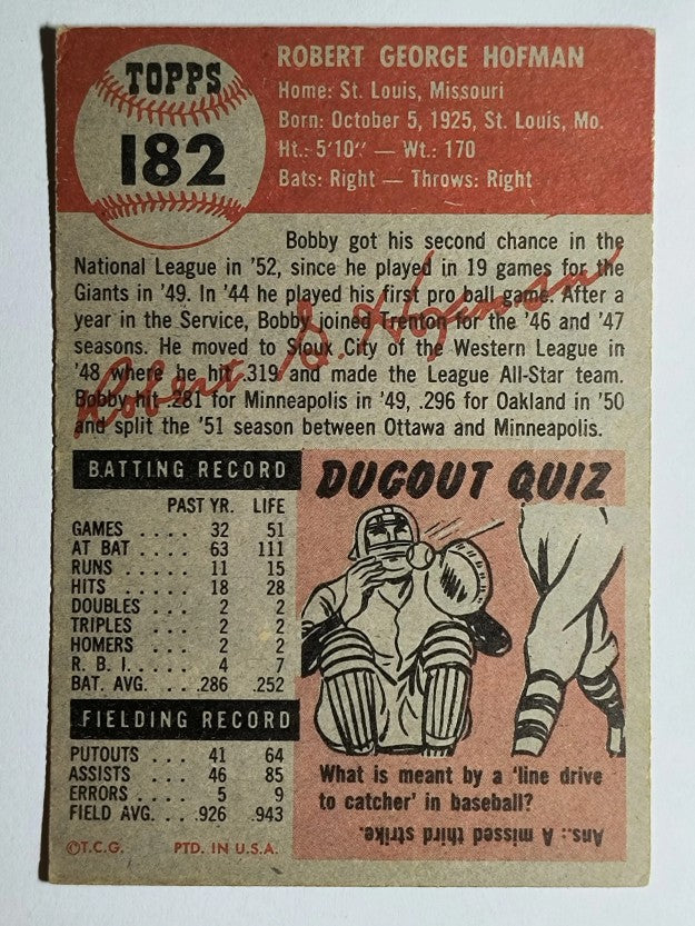 1953 Topps #182 Bobby Hofman (EX)