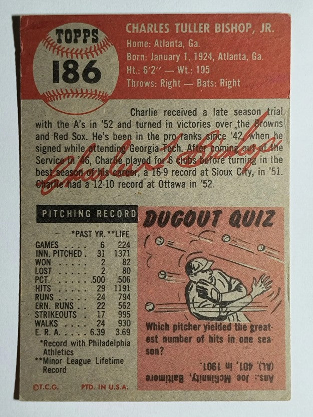 1953 Topps #186 Charlie Bishop RC (EX)