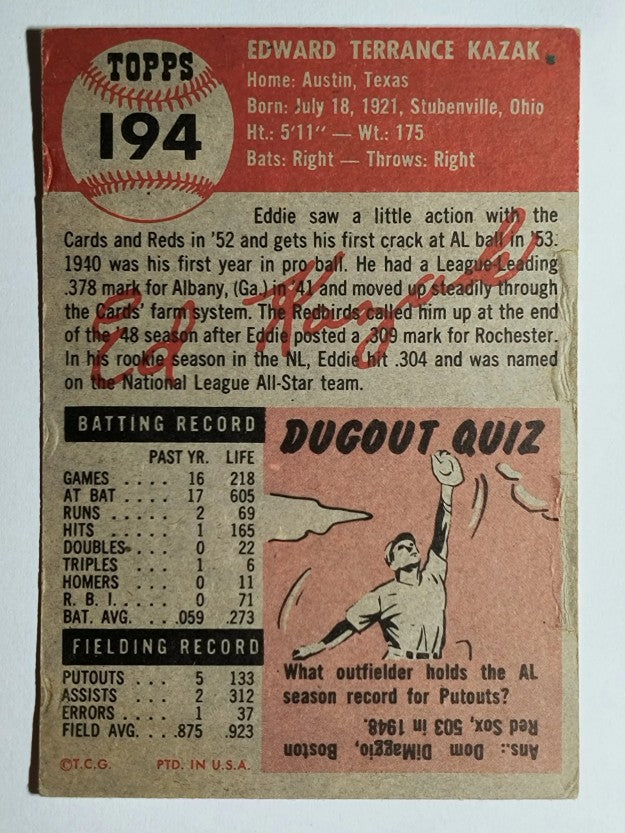 1953 Topps #194 Eddie Kazak (VG)