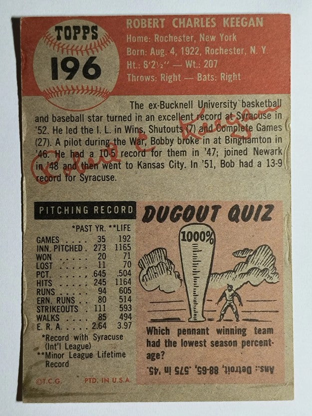 1953 Topps #196 Bob Keegan RC (VGEX)
