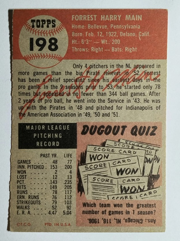 1953 Topps #198 Forrest Main (EX)
