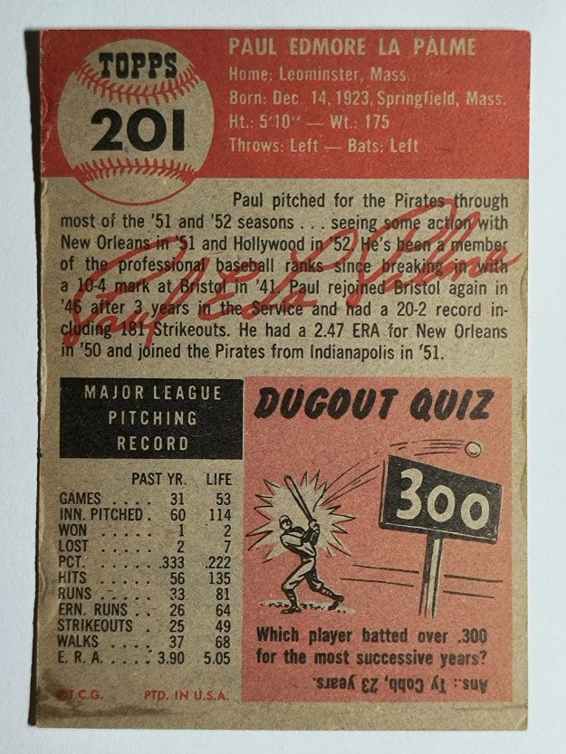 1953 Topps #201 Paul LaPalme (VGEX)