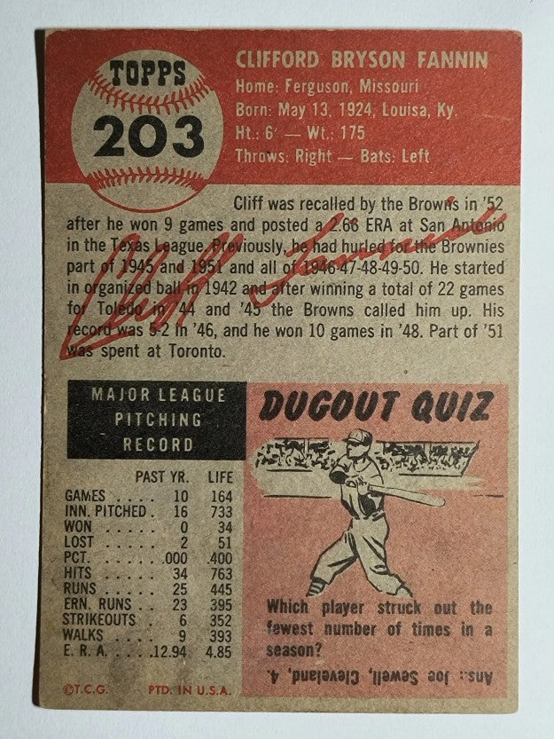 1953 Topps #203 Cliff Fannin (VGEX)