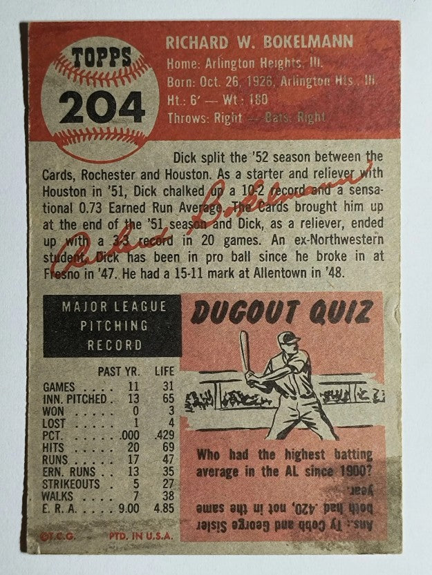 1953 Topps #204 Dick Bokelman RC (VGEX)