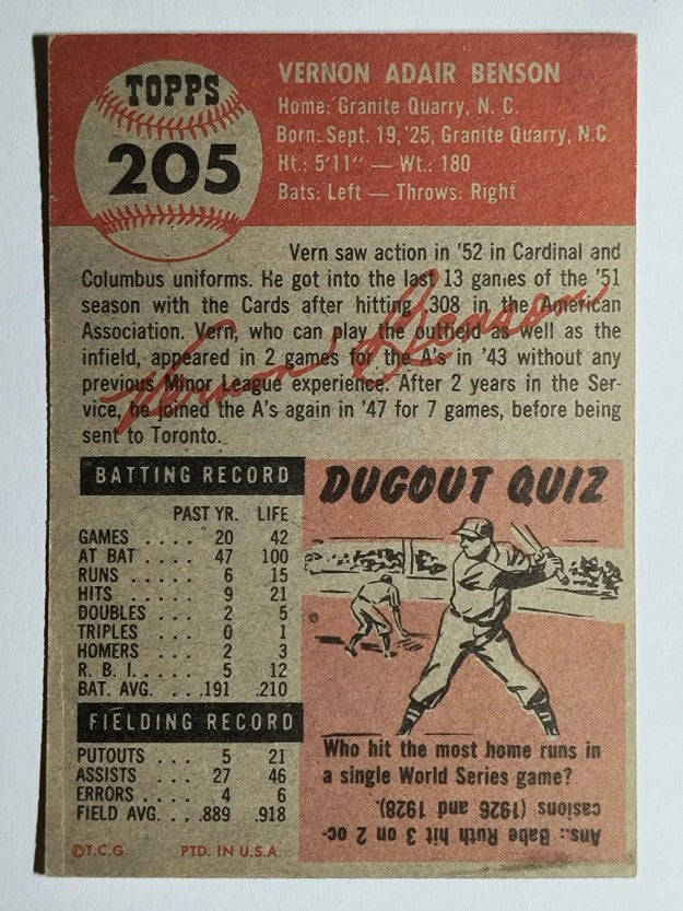 1953 Topps #205 Vern Benson RC (EX)