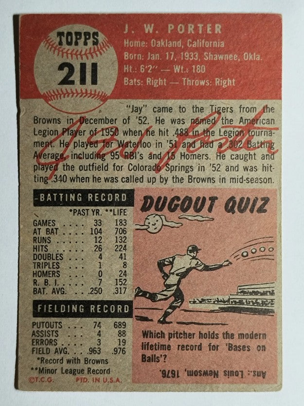 1953 Topps #211 J.W. Porter RC (VGEX)