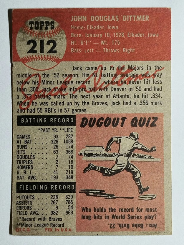 1953 Topps #212 Jack Dittmer RC (VGEX)