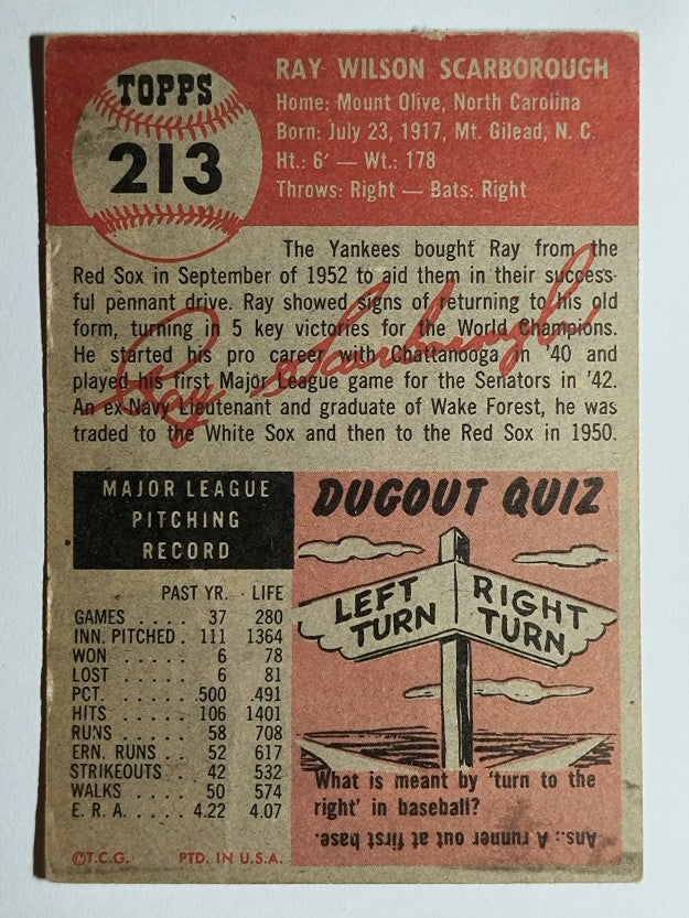 1953 Topps #213 Ray Scarborough (VG)