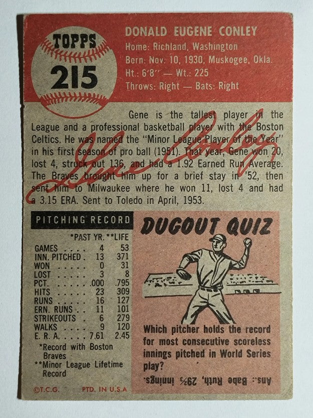 1953 Topps #215 Gene Conley RC (EX)