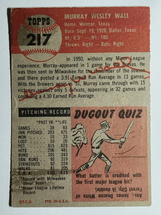 1953 Topps #217 Murray Wall RC (VG)