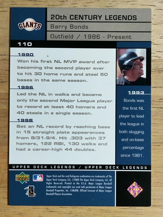 2000 Upper Deck Legends #110 Barry Bonds 20C