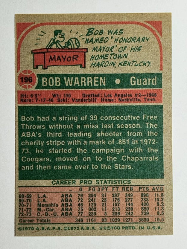1973-74 Topps #196 Bob Warren (trimmed)