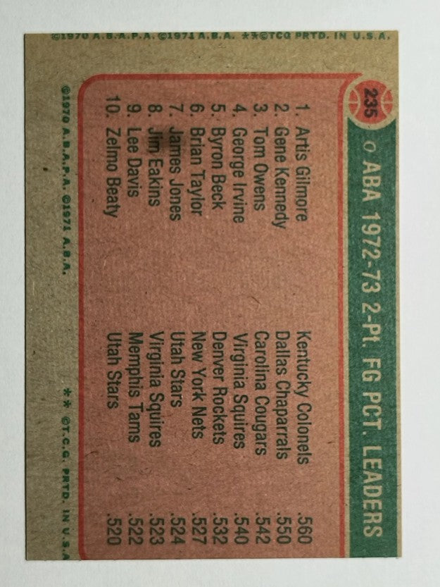 1973-74 Topps #235 Artis Gilmore/Gene Kennedy/Tom Owens LL (VGEX)