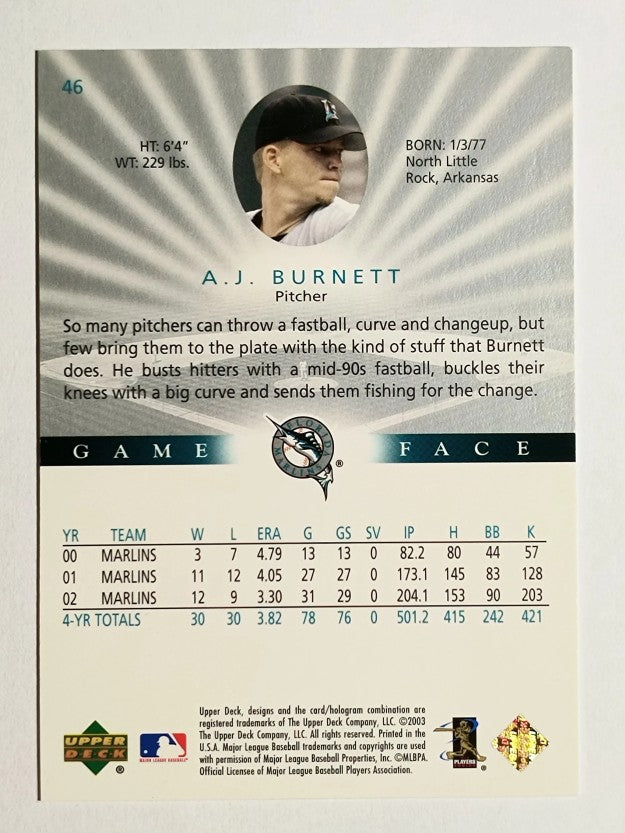 2003 Upper Deck Game Face #46 A.J. Burnett