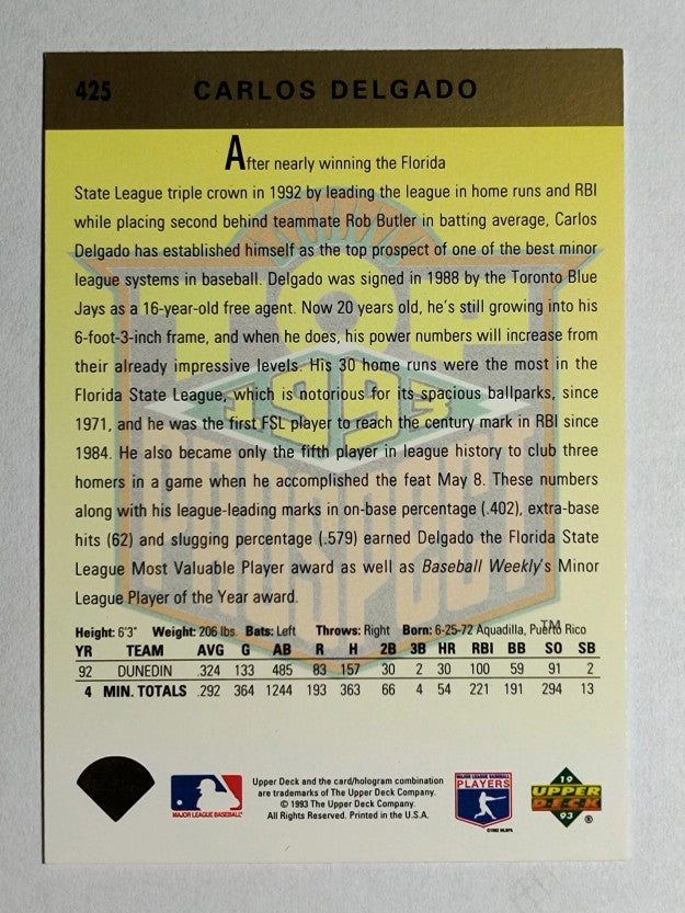 1993 Upper Deck #425 Carlos Delgado