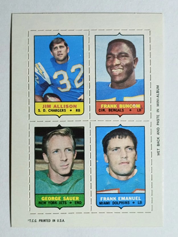 1969 Topps Four-in-One Jim Allison/Frank Buncom/Frank Emanuel/George Sauer (NM)