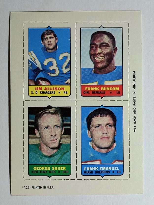 1969 Topps Four-in-One Jim Allison/Frank Buncom/Frank Emanuel/George Sauer (NM)