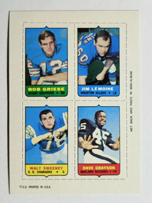 1969 Topps Four-in-One Bob Griese/Jim LeMoine/Dave Grayson/Walt Sweeney (NM)