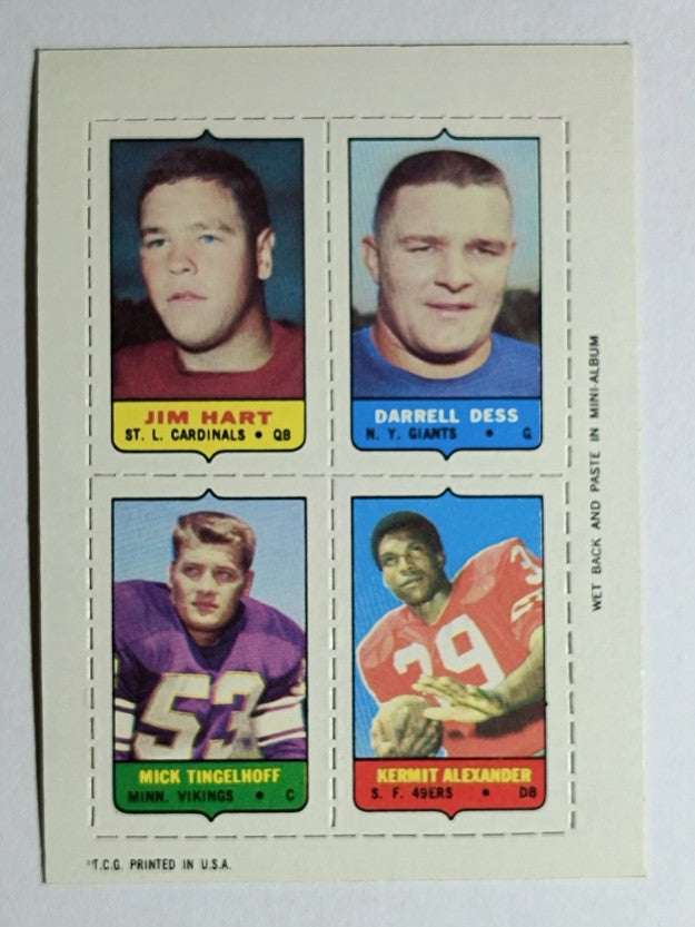 1969 Topps Four-in-One Jim Hart/D.Dess/Kermit Alexander/Mick Tingelhoff (EXMT)