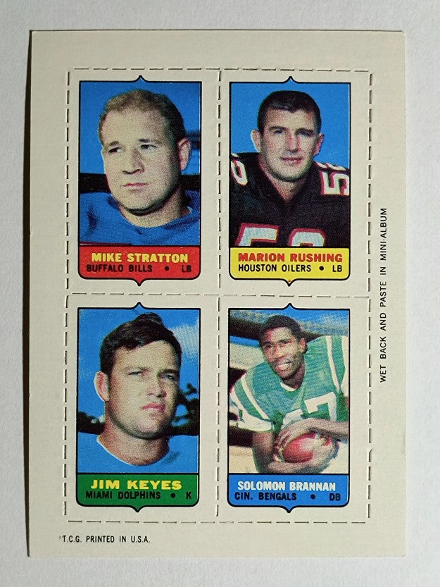 1969 Topps Four-in-One Mike Stratton/Marion Rushing/Solomon Brannan/J.Keyes (NM)