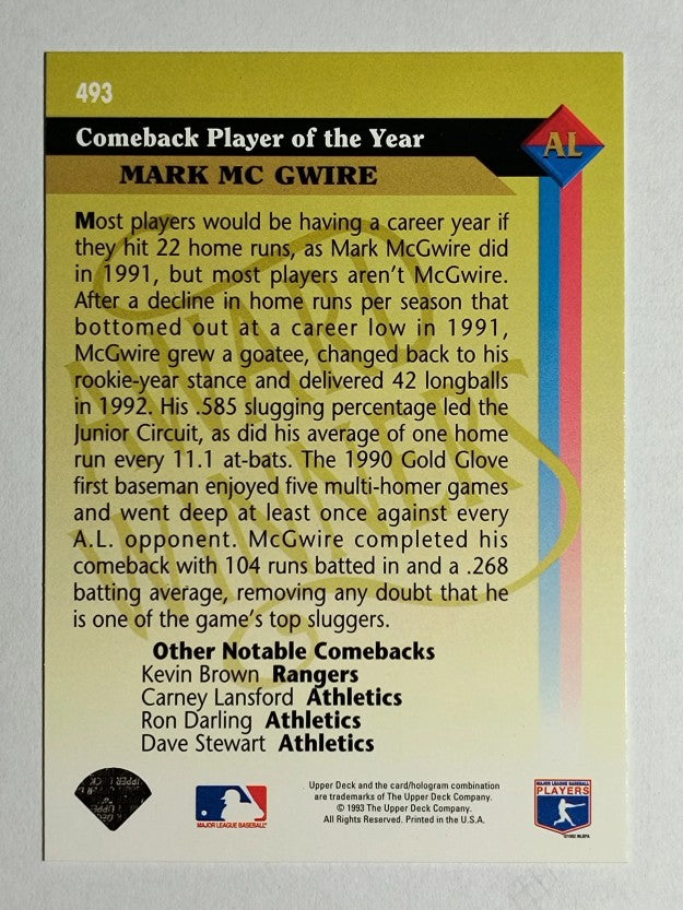 1993 Upper Deck #493 Mark McGwire AW