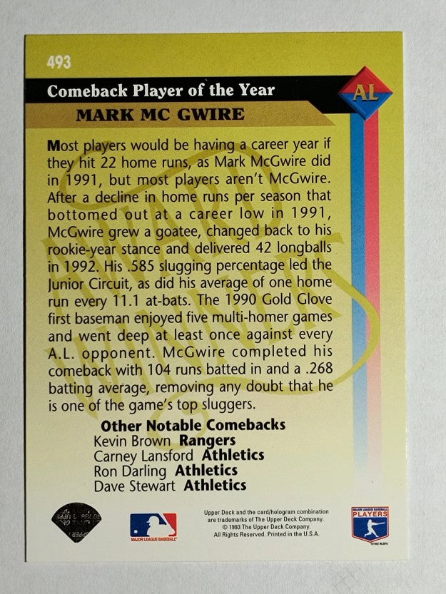 1993 Upper Deck #493 Mark McGwire AW