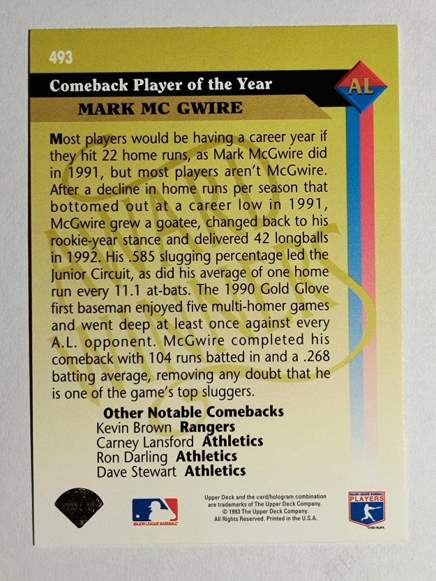 1993 Upper Deck #493 Mark McGwire AW
