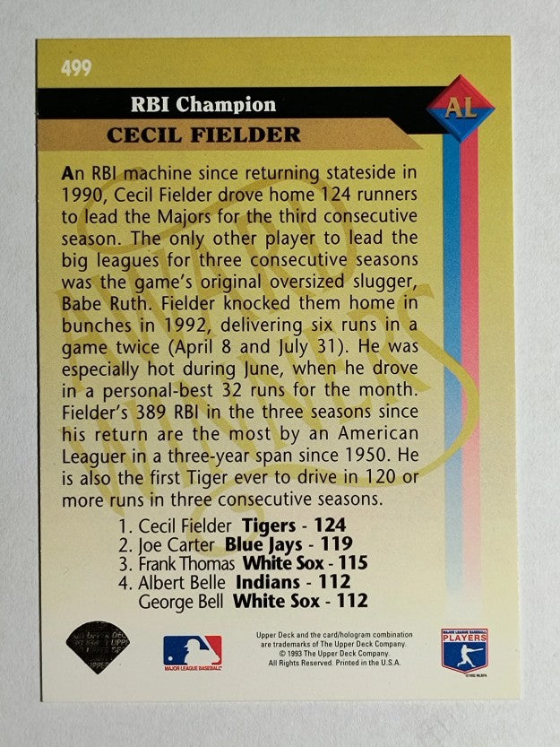 1993 Upper Deck #499 Cecil Fielder AW