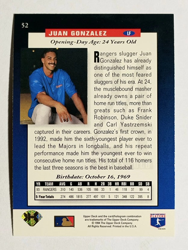 1994 Upper Deck #52 Juan Gonzalez FUT