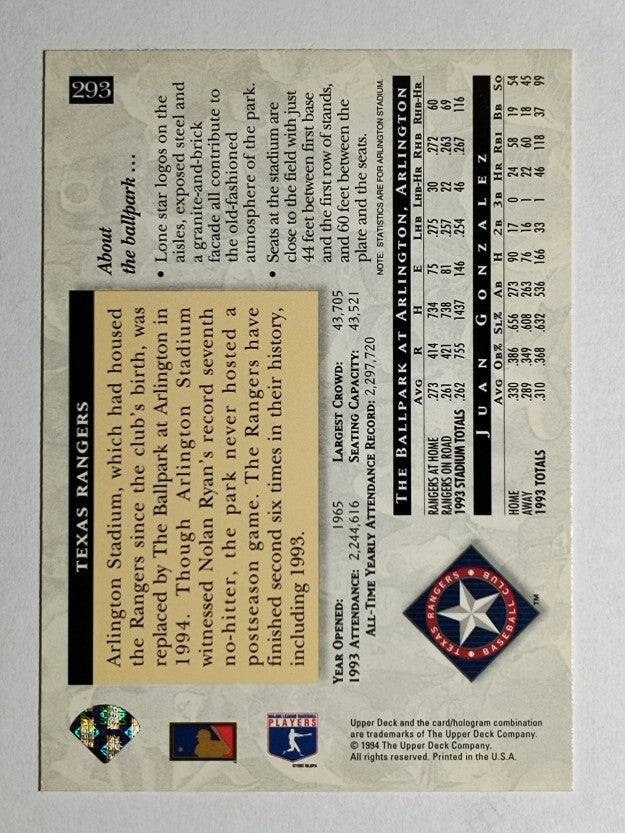 1994 Upper Deck #293 Juan Gonzalez HFA
