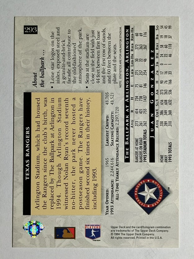 1994 Upper Deck #293 Juan Gonzalez HFA