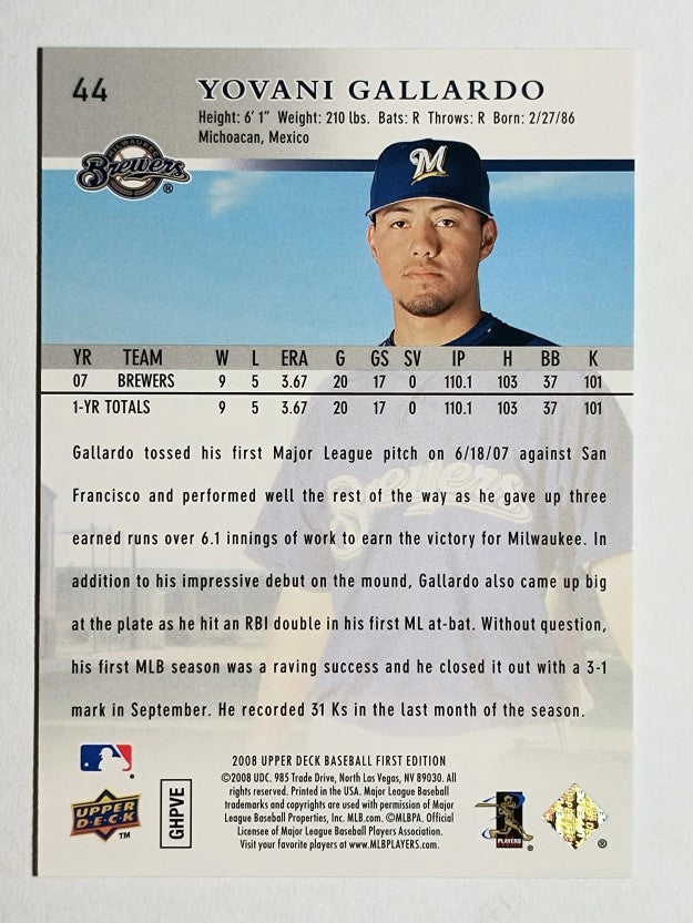 2008 Upper Deck First Edition #44 Yovani Gallardo